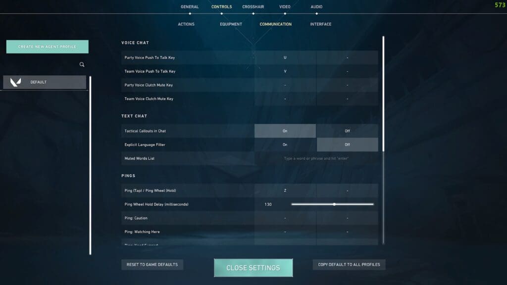 comms in valorant settings