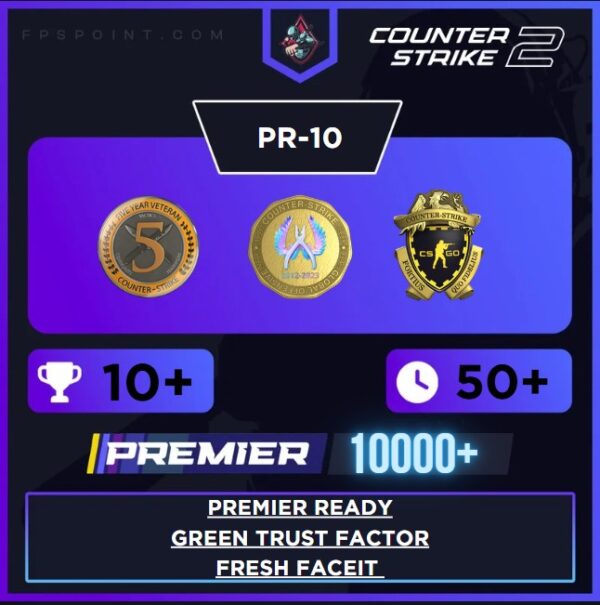 CS2 Premier Prime | Premier Rating 10,000+ | 10 Wins | Loyalty Badge | 5 Year Coin | First Email | Fresh Faceit | Green Trust Factor | Instant Delivery ⚡
