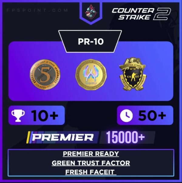 CS2 Premier Prime | Premier Rating 15,000+ | 10 Wins | Loyalty Badge | 5 Year Coin | First Email | Fresh Faceit | Green Trust Factor | Instant Delivery ⚡