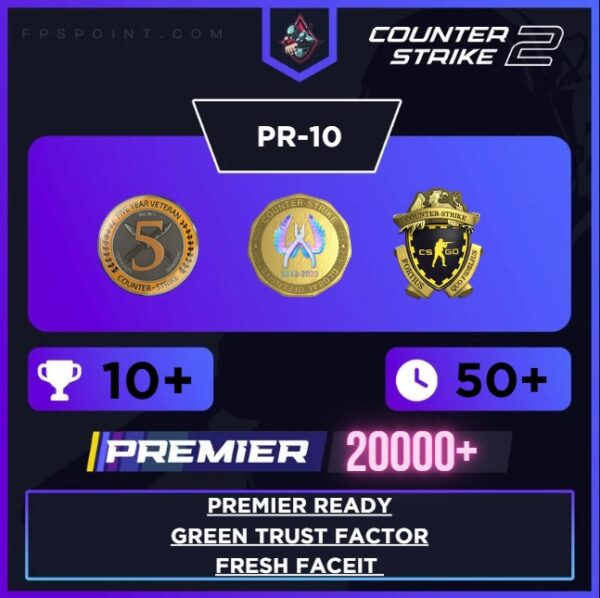 CS2 Premier Prime | Premier Rating 20,000+ | 10 Wins | Loyalty Badge | 5 Year Coin | First Email | Fresh Faceit | Green Trust Factor | Instant Delivery ⚡