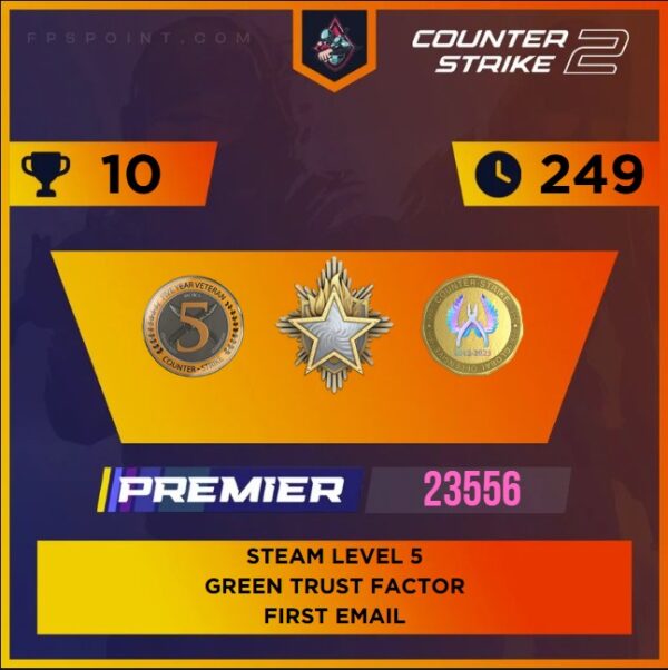CS2 Premier Medal Account | Service Medal 2023 | Rating 23556 | Steam Level 5 | 5 Year Coin | Season 1 Coin | Csgo Coin | First Email | Instant Delivery ⚡