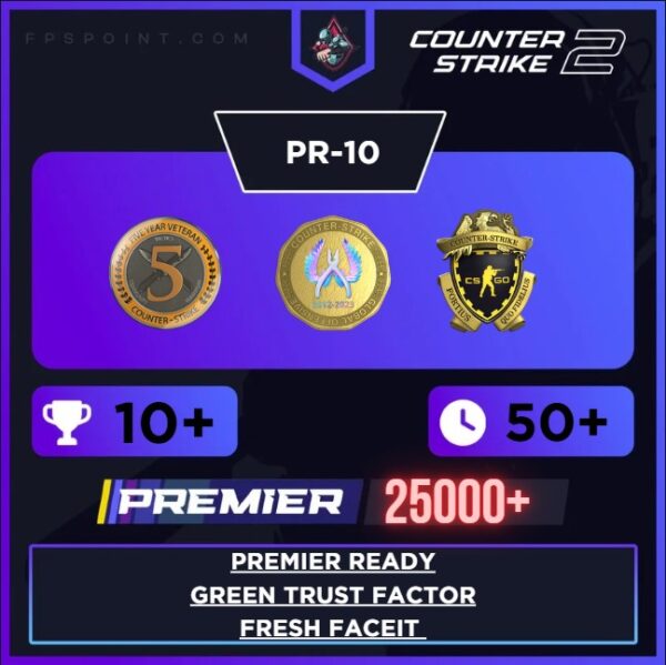 CS2 Premier Prime | Premier Rating 25,000+ | 10 Wins | Loyalty Badge | 5 Year Coin | First Email | Fresh Faceit | Green Trust Factor | Instant Delivery ⚡
