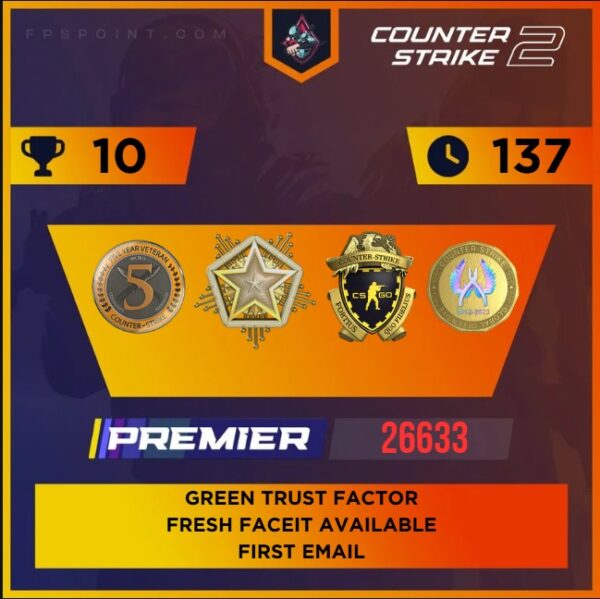 CS2 Premier Medal Account | Service Medal 2024 | Rating 26633 | Loyalty Badge 5 Year Coin | Season 1 Coin | Csgo Coin | First Email | Instant Delivery ⚡