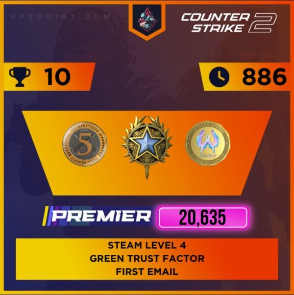 CS2 Premier Medal Account | Service Medal 2020 | Rating 20635 | Steam Level 4 | Hours 886 | 5 Year Coin | Csgo Coin | First Email | Instant Delivery ⚡