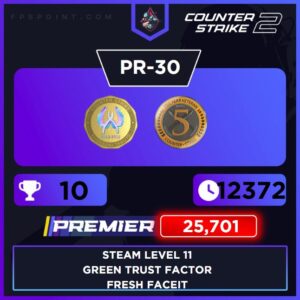 CS2 Premier Prime | Premier Rating 25,701 | 12372 Hours | Steam Level 11 | 5 Year Coin | First Email | Fresh Faceit | Green Trust Factor | Instant Delivery ⚡